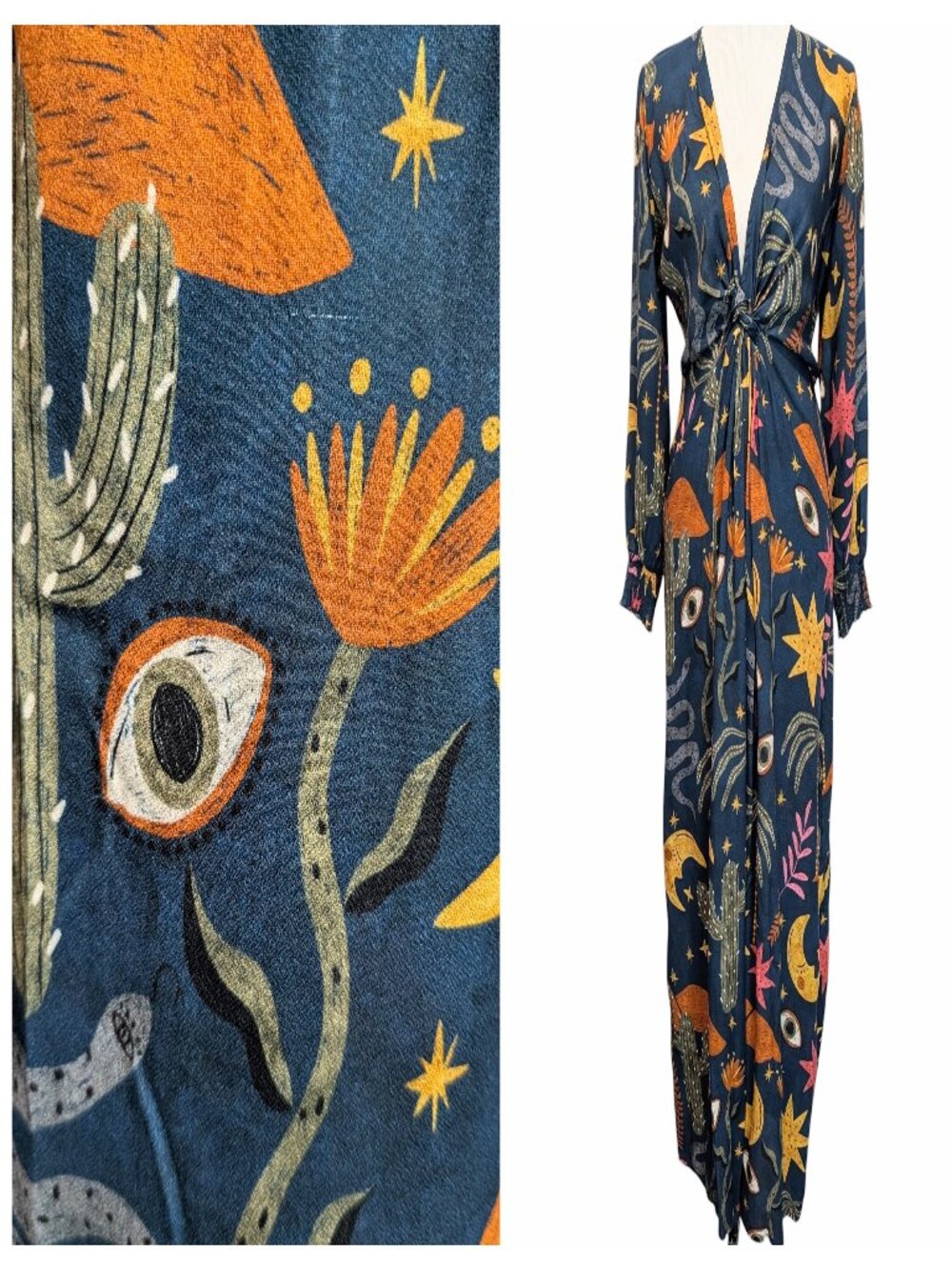 ZL Europe Womens Size S Evil Eye V-Neck Tie L/S Front Slit Bohemian Maxi Dress